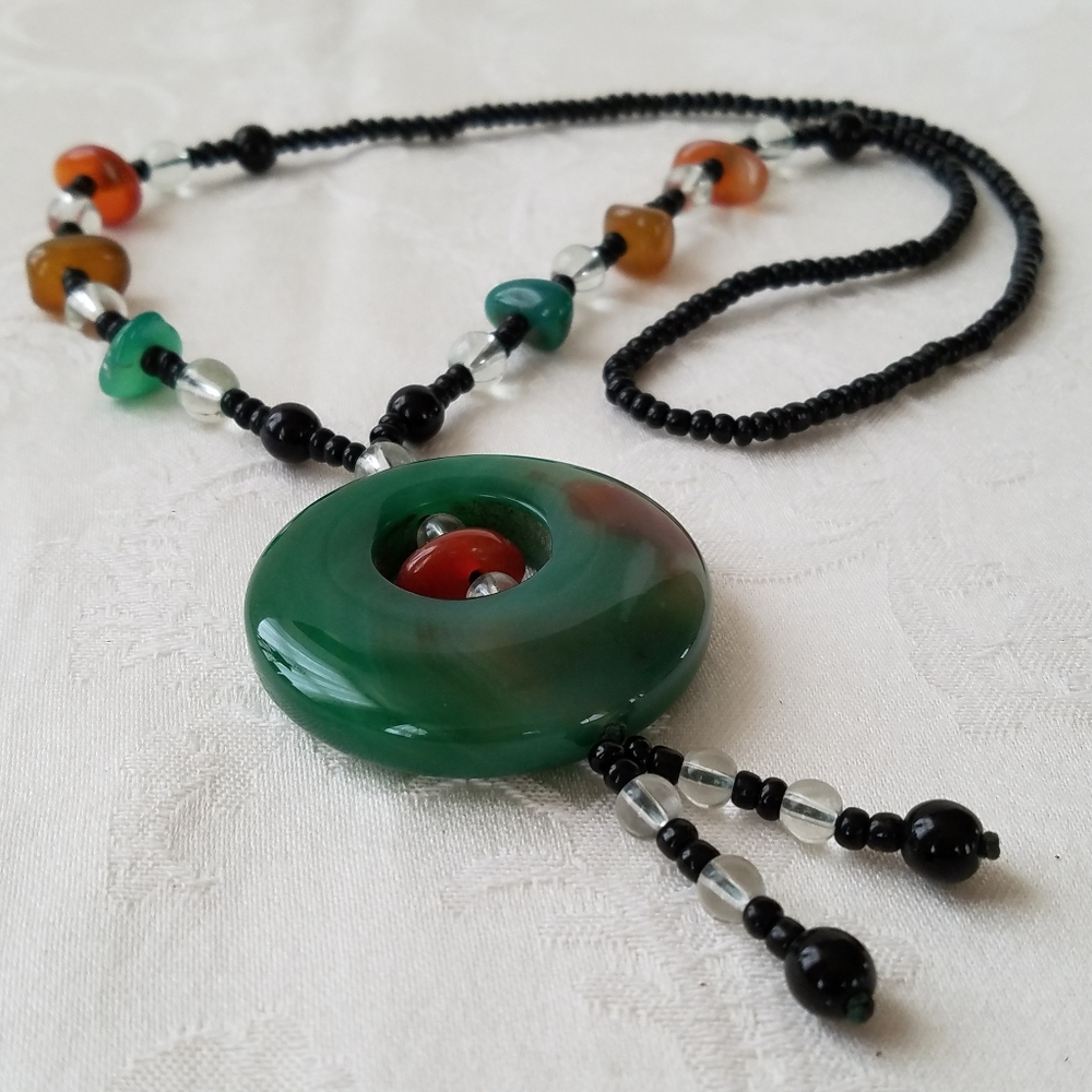 Beaded Necklace of Large Green Pendant